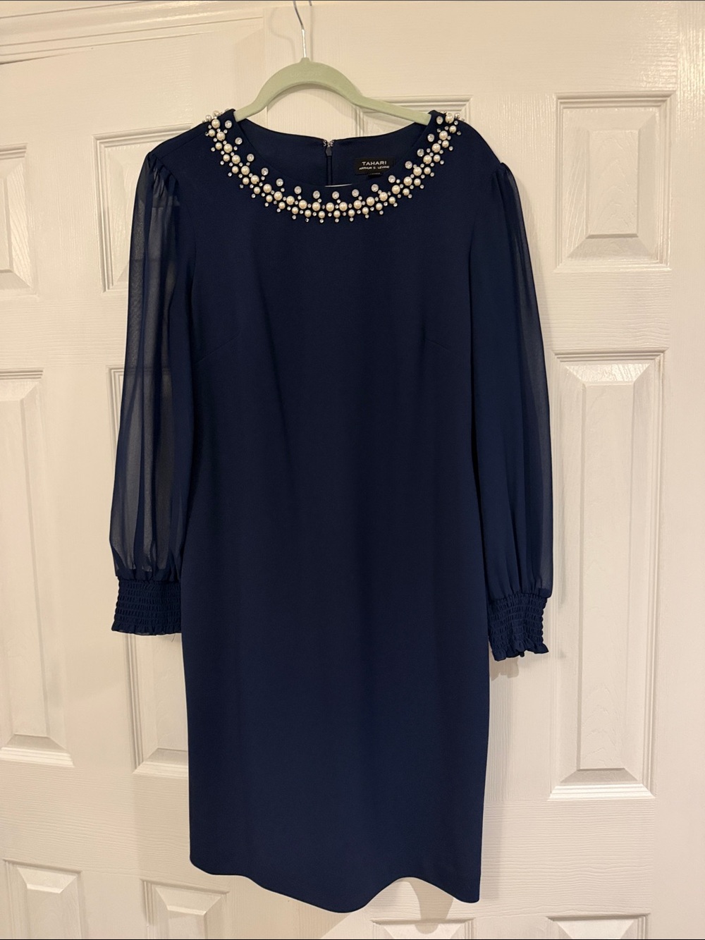 Tahari Navy Pearl-Trim Long Sleeve Shift Dress